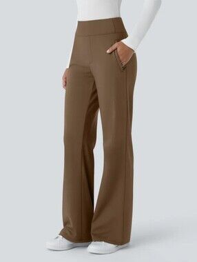 NWOT Halara Flex DayStretch Mid Rise Side Zipper Pocket Work Flare Pants - Sepia